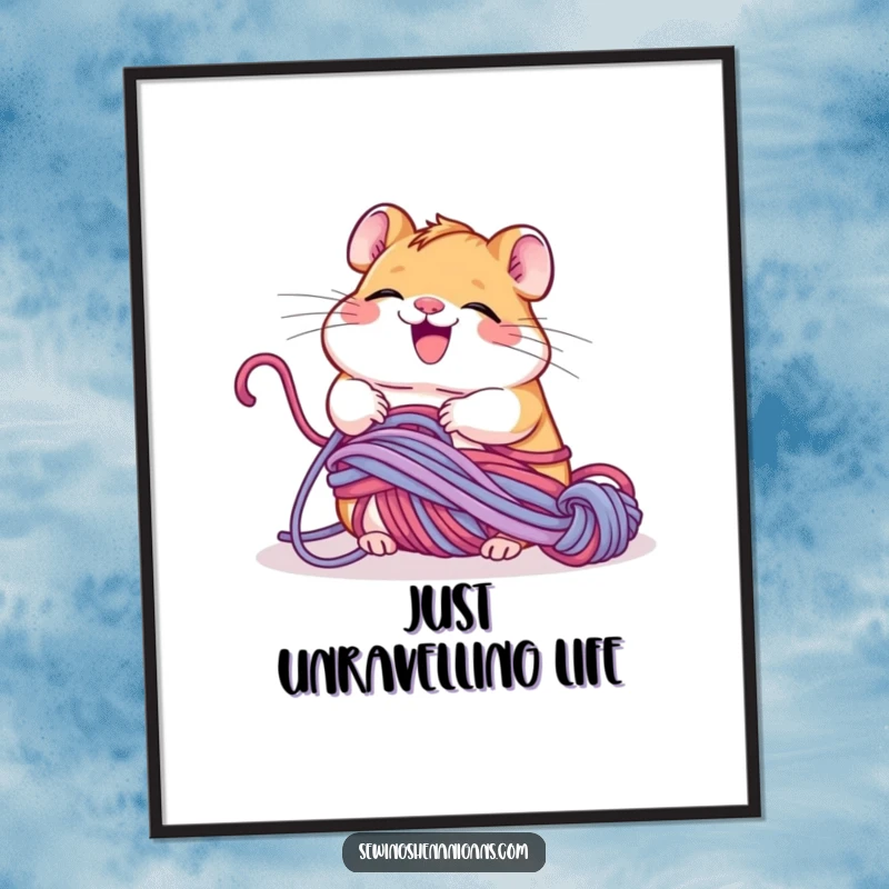 Funny giggling hamster tangled in yarn, happily unravelling it, humorous wall art for knitters and crafters.