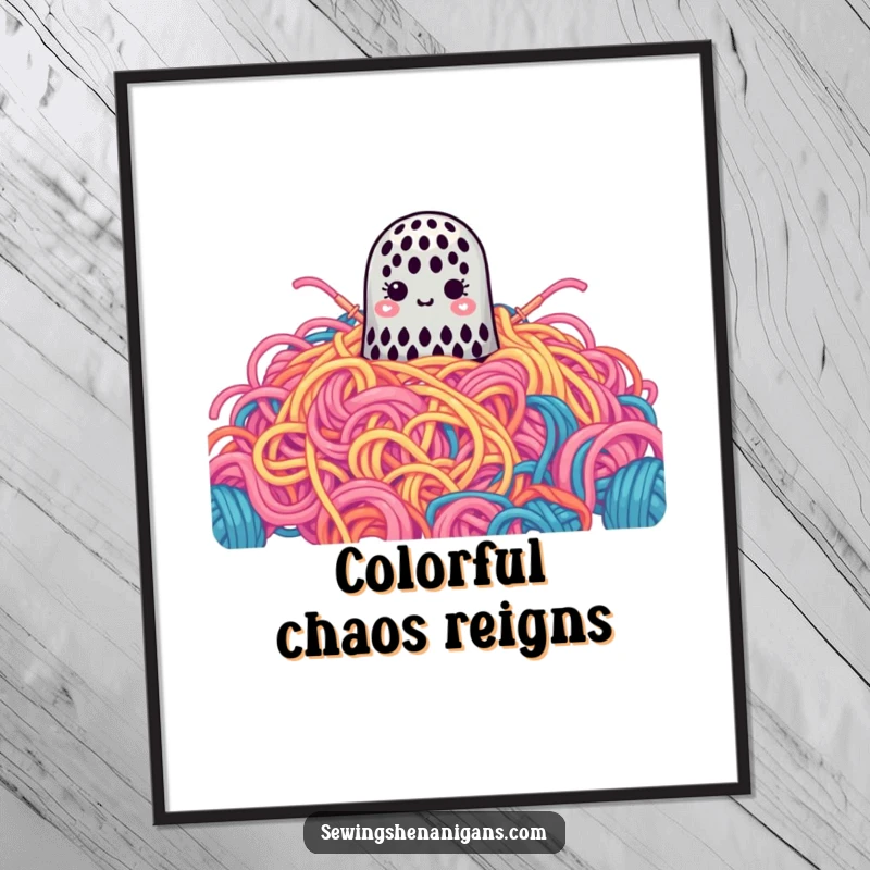 Funny Poster: A cute thimble is comically lost in a gigantic pile of colorful yarn, a humorous art print.