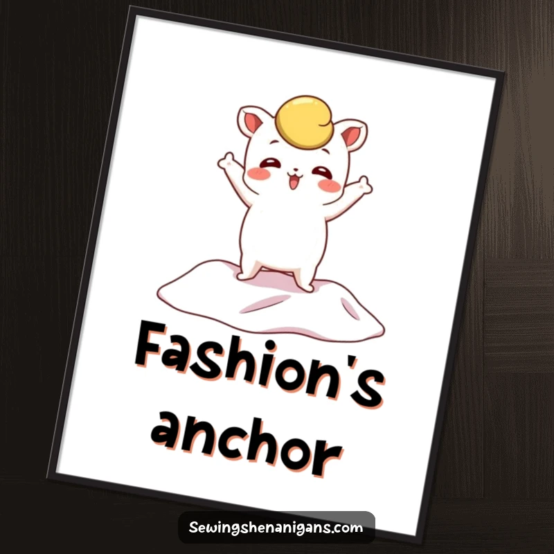 Funny Pattern Weight Poster print of a whimsical character in a dramatic pose on fabric, perfect for sewing room decor.