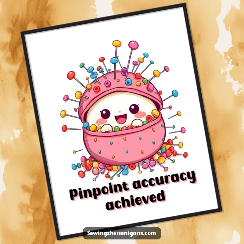 Funny Pincushion Poster print of a cute character bursting with a rainbow of colorful sewing pins, perfect for sewing room decoration.