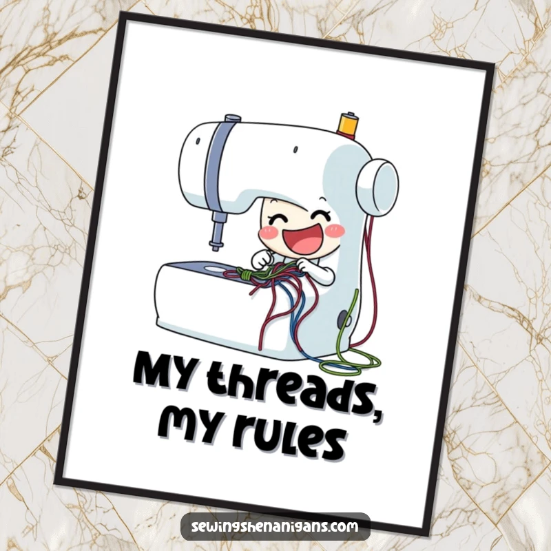 Funny sewing machine poster with a delighted character stitching colorful threads, bringing vibrant humor to any crafting space and as a funny gift.