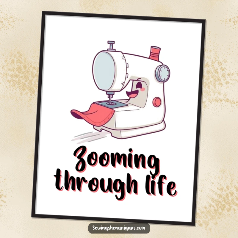 Funny Poster: A mischievous sewing machine character gleefully zooms across fabric, depicted in a dynamic and humorous art style.