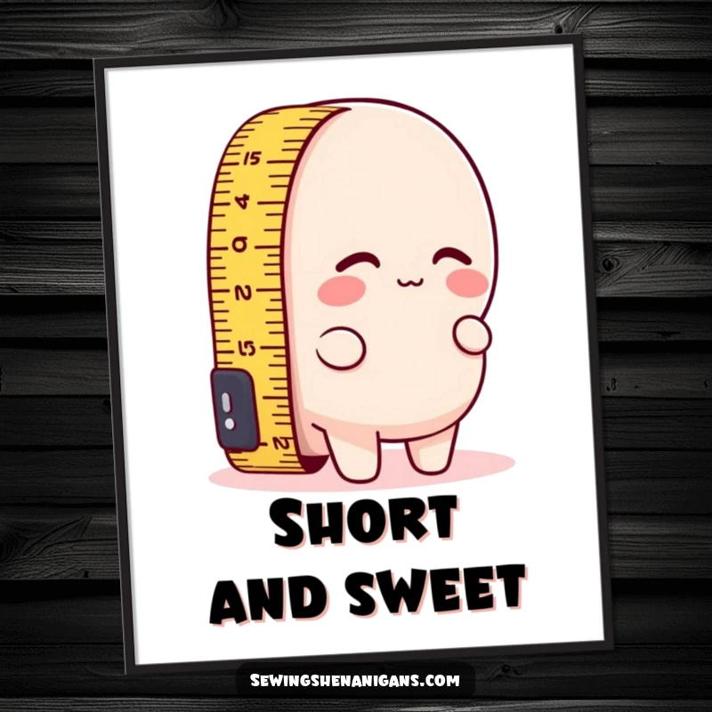 Funny poster print of a measuring tape character comically attempting to measure its own short length, capturing relatable struggles.