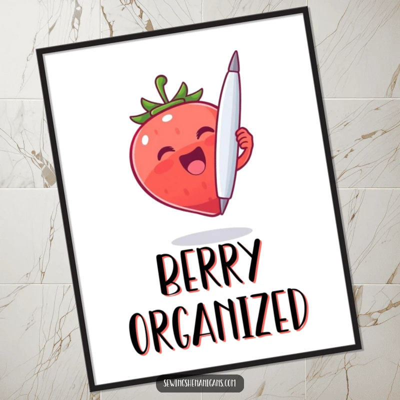 Funny Strawberry Needle Poster: A happy strawberry character showing off a large needle, perfect for funny and quirky wall art.
