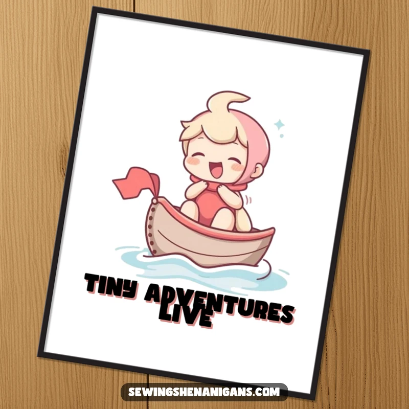 Funny poster art of a laughing character sailing a thimble as a miniature boat across fabric, creating a scene of whimsical delight.