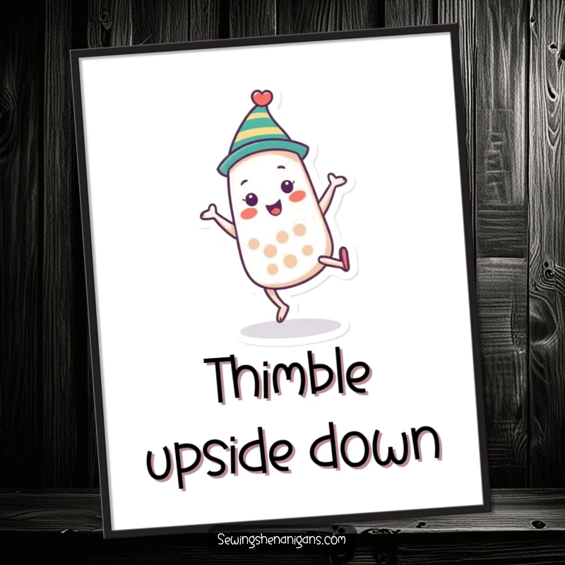Funny thimble character poster doing a cartwheel, bringing dynamic humor to any crafting space and as a funny gift.