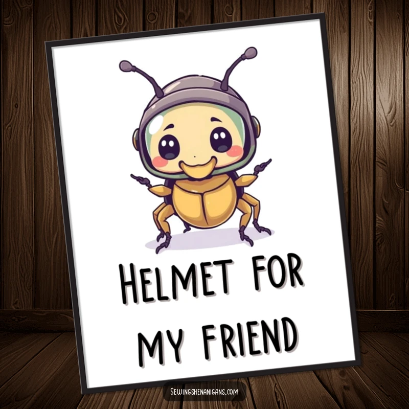 Funny poster print of a bewildered beetle wearing a thimble as a helmet, capturing a moment of comical preparedness.