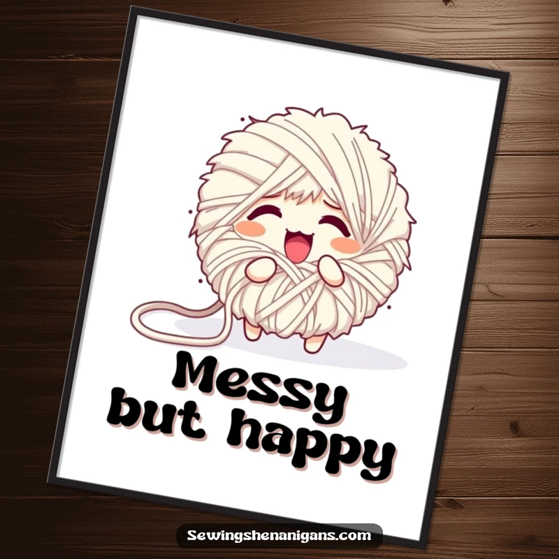 Funny poster print of a fluffy yarn ball character comically unraveling into a tangled mess, capturing artistic chaos.