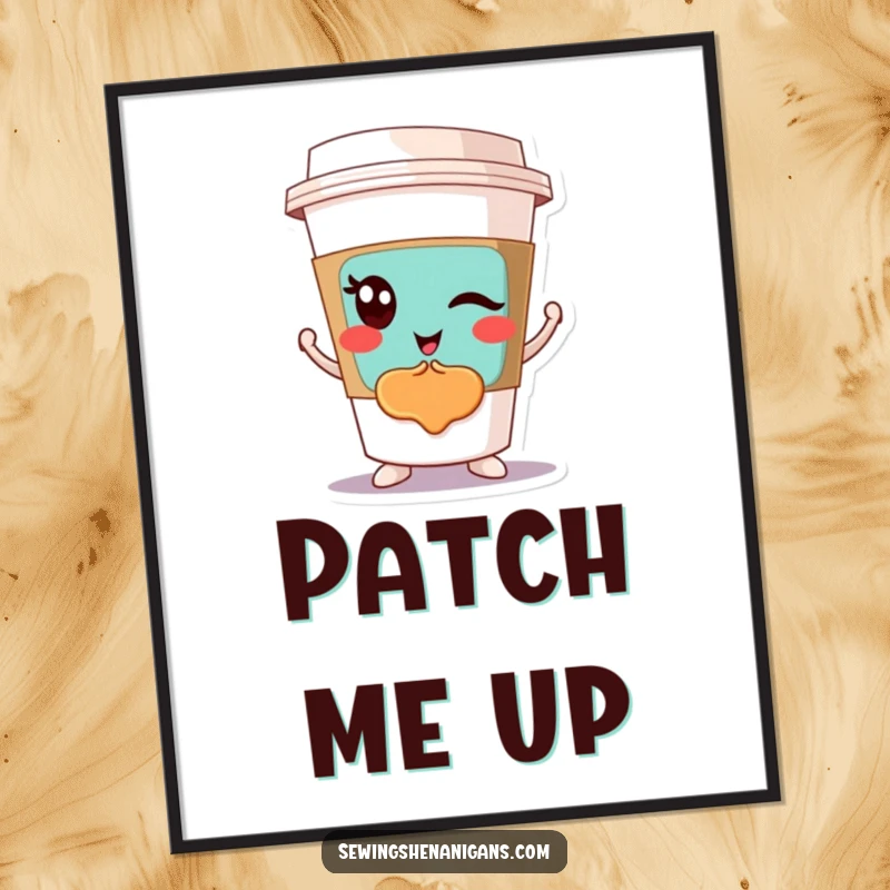 Funny Winking Coffee Cup Poster: A winking coffee cup character proudly displaying a colorful patch, perfect for funny wall art.