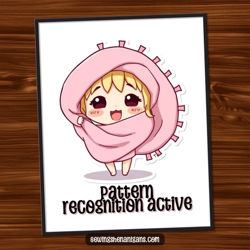 Funny poster featuring a curious fabric swatch character excitedly unfurling, representing artistic exploration and design.