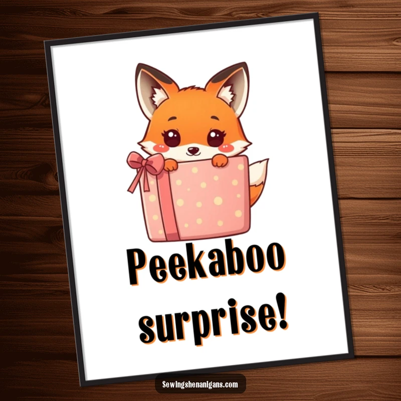 Funny kawaii fox peeking out from a big, colorful gift, bringing humor and cuteness to this poster, ideal for wall decor.