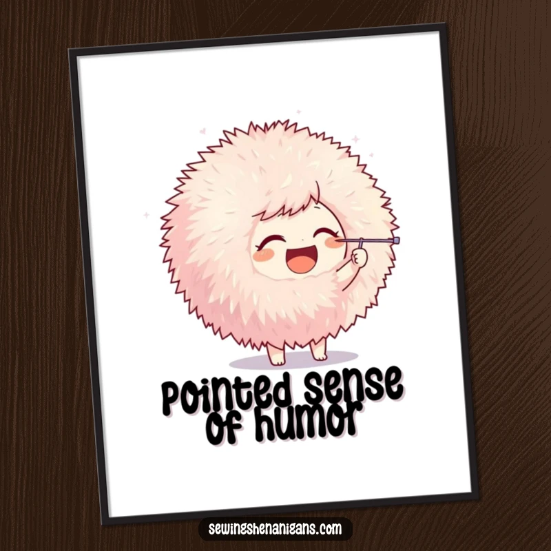 Funny poster art showing a joyful character playfully poking a large pom-pom with a needle, capturing a moment of creative fun.