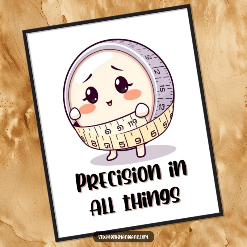 Funny Poster: A round measuring tape character affectionately embracing a bewildered button, a humorous piece of art.