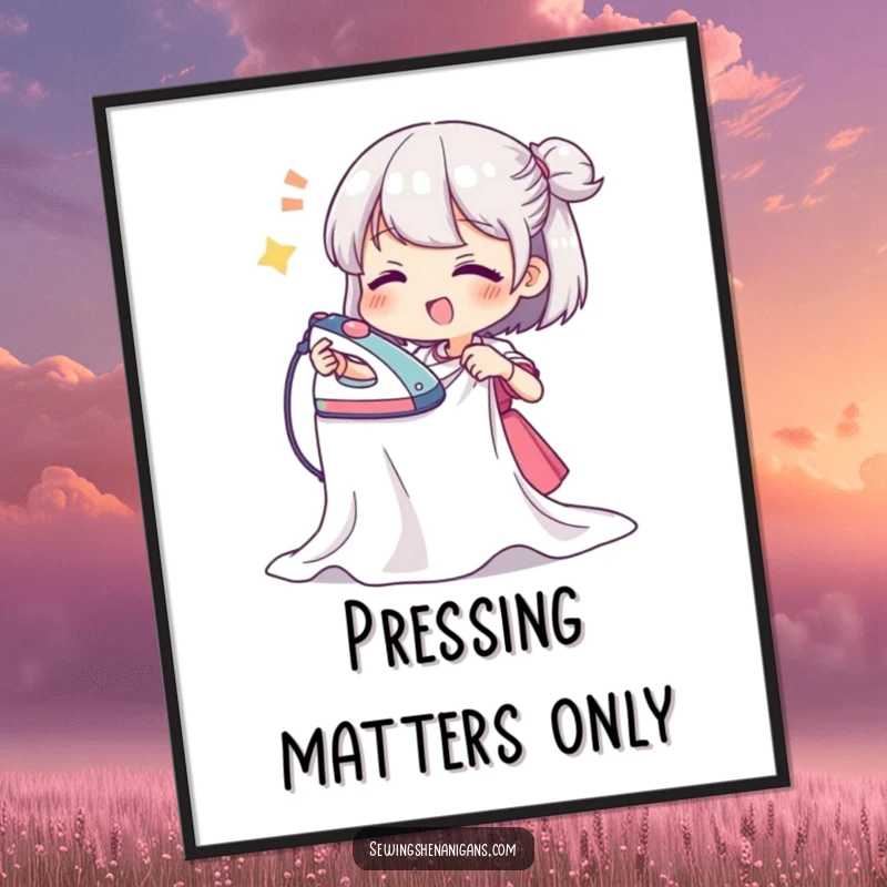 Funny poster of a character joyfully ironing a deeply creased fabric, symbolizing dedication and humor in household chores, wall decor.