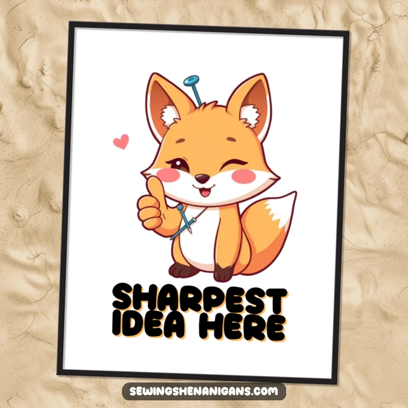 Funny happy fox with a sewing pin, giving a thumbs up, as funny wall art, a charming and funny gift.