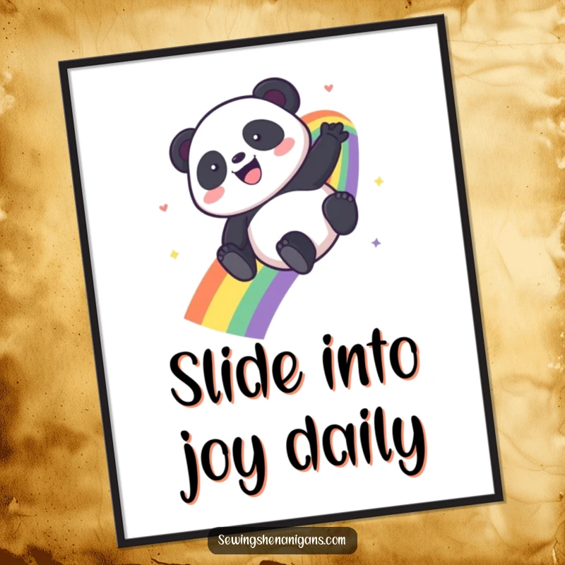 Funny Kawaii Panda poster capturing a panda's gleeful descent down a brilliant rainbow, a delightful piece of art.