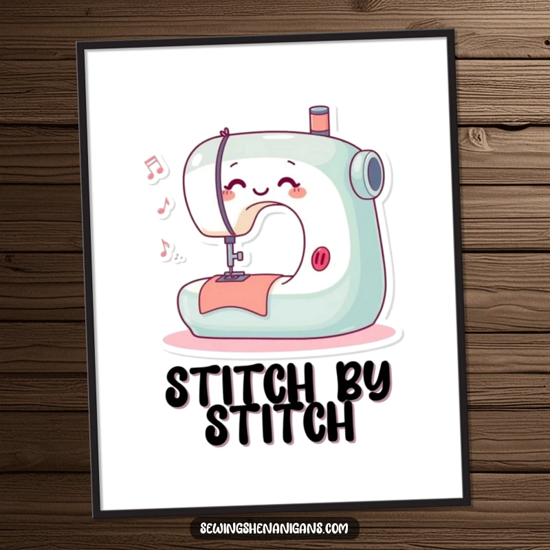 Funny poster illustrating a playful sewing machine character happily stitching and producing a cheerful tune, celebrating creativity.