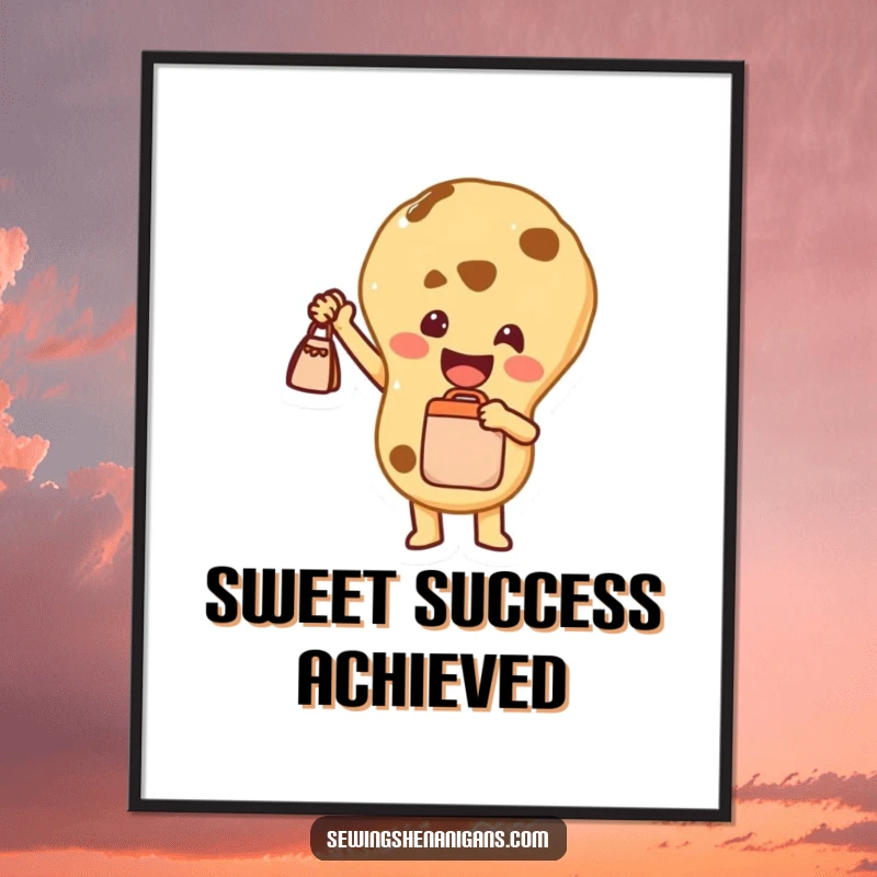 Funny Poster: A delightful cookie character proudly holding a tiny bag, radiating joy and the sweetness of small victories.