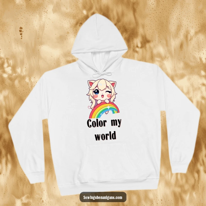 Funny, warm hoodie featuring a delighted character stitching a vibrant rainbow with a shimmering, glowing thread.