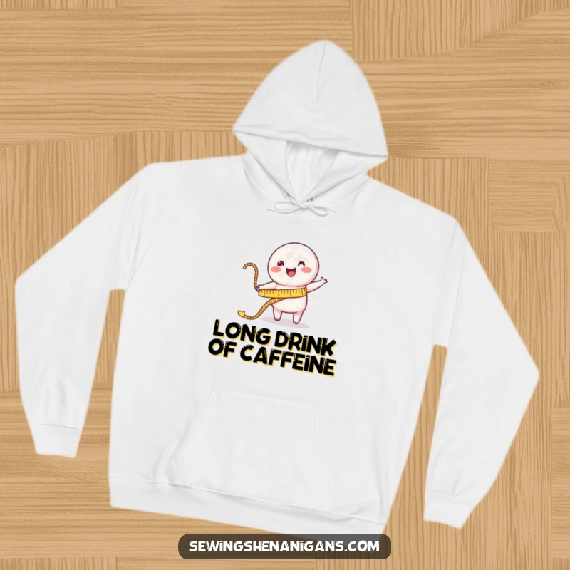 Funny Hoodie: A happy measuring tape character cheerfully stretches towards a garment, offering warmth and sewing humor.