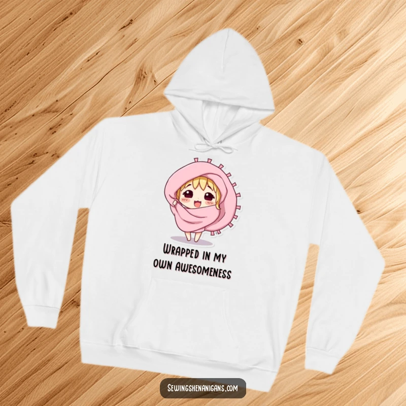 Funny hoodie with a curious fabric swatch character excitedly unfurling, offering cozy and creative comfort.