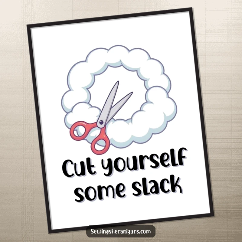 Funny Free Printable Wall Art: Scissors humorously try to cut a perfect circle into a soft cloud, offering unique decor.