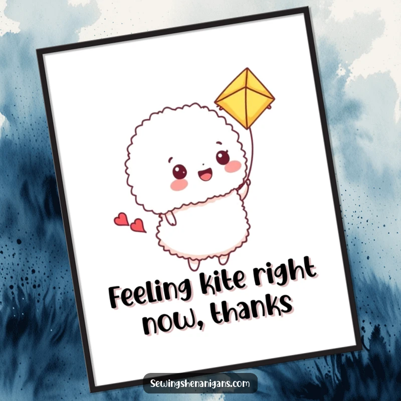 Funny Free Printable Wall Art: A cute pincushion joyfully flies a colorful fabric scrap kite, bringing whimsical charm to any room.