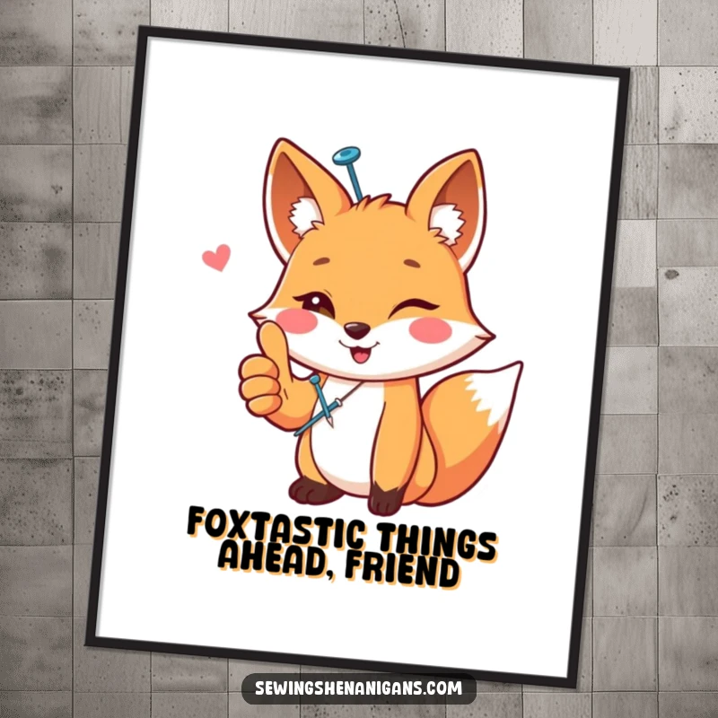 Funny Free Printable Wall Art: A happy fox with a sewing pin in its fur gives a thumbs up, showcasing crafty charm.