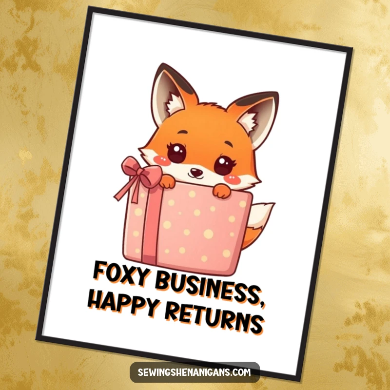 Funny Free Printable Wall Art: Kawaii fox playfully peeking from behind a large, colorful gift box.