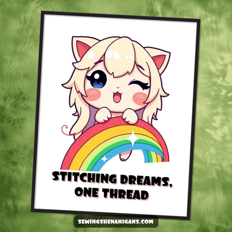 Funny Free Printable Wall Art: A joyful character skillfully stitching a vibrant, glowing rainbow with a shimmering, magical thread.
