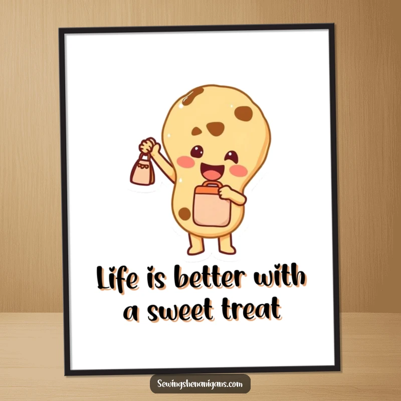 Funny Free Printable Wall Art: A joyful Cookie character proudly holding up a tiny bag, exuding sweetness.