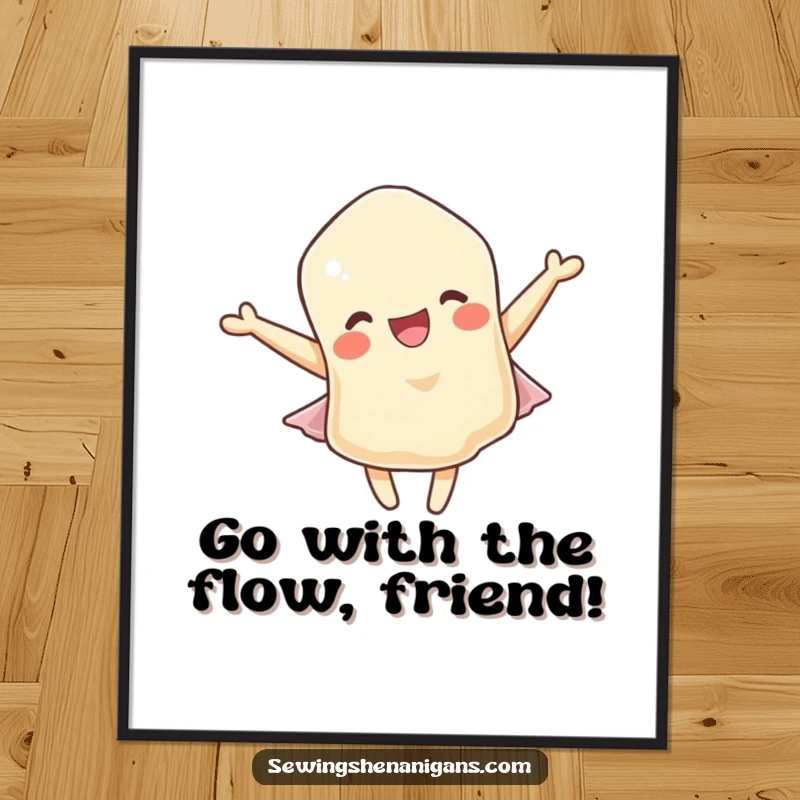 Funny Free Printable Wall Art depicting a cheerful fabric scrap character happily fluttering upward in a soft, gentle, artistic breeze.