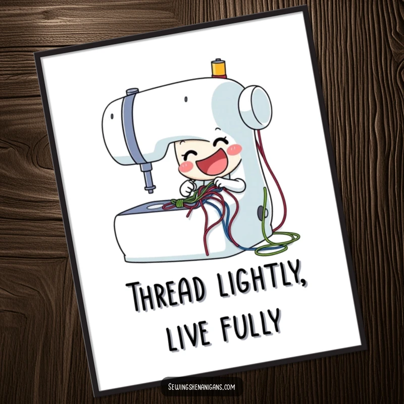 Funny Free Printable Wall Art: A delighted sewing machine character enthusiastically stitching a flurry of colorful threads, DIY decor.