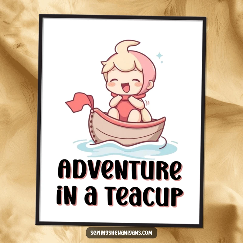 Funny Free Printable Wall Art: A giggling character navigates a tiny thimble boat across a fabric surface, creating a charming and amusing scene.