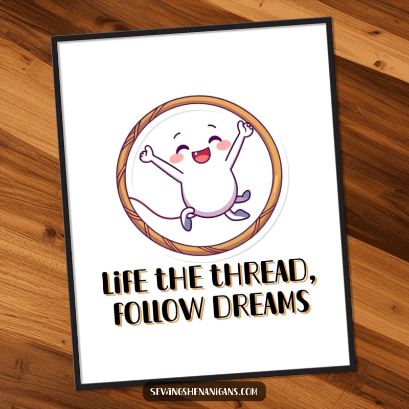 Funny Free Printable Wall Art: Smiling needle character playfully leaping through a hoop made of thread, DIY decor.