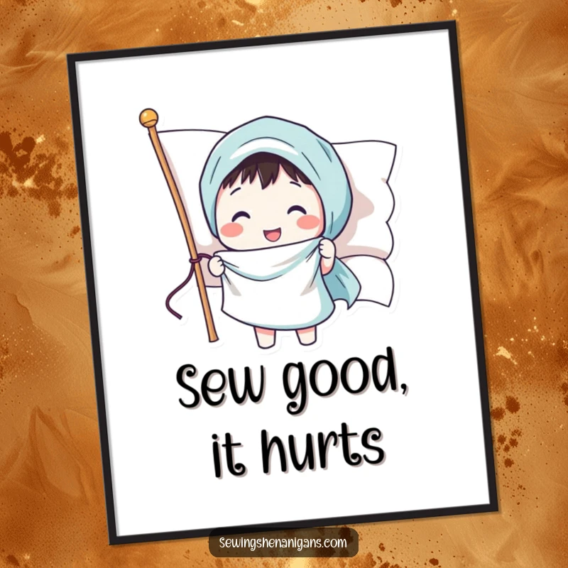 Funny Free Printable Wall Art: A cheerful character stitches a big smiley face onto a waving flag, creating a fun scene.