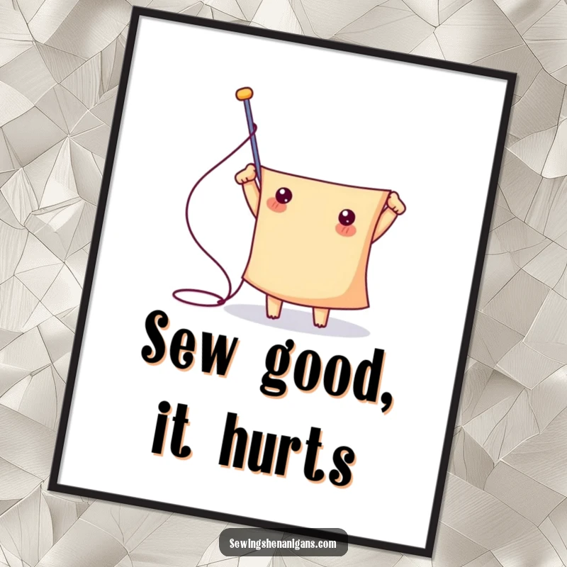 Funny Free Printable Wall Art showcases a cute needle character triumphantly conquering comically large fabric, celebrating skill and effort.