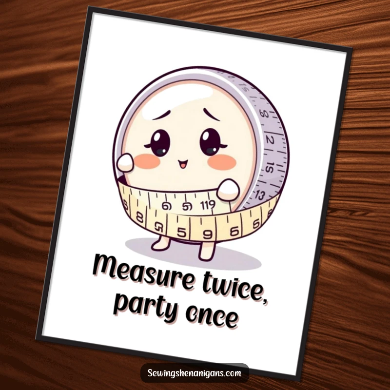 Funny Free Printable Wall Art: A happy measuring tape character wrapping around a bewildered button, measuring tape art.