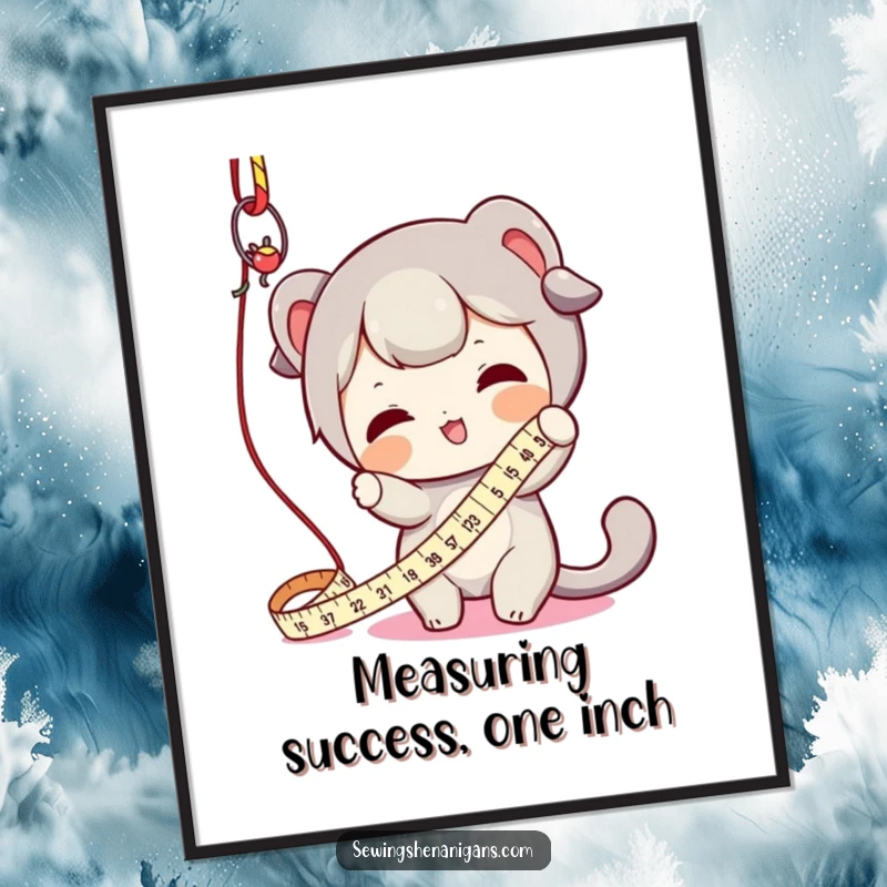 Funny Free Printable Wall Art: Character playfully batting a dangling measuring tape, adding whimsy to any room decor.