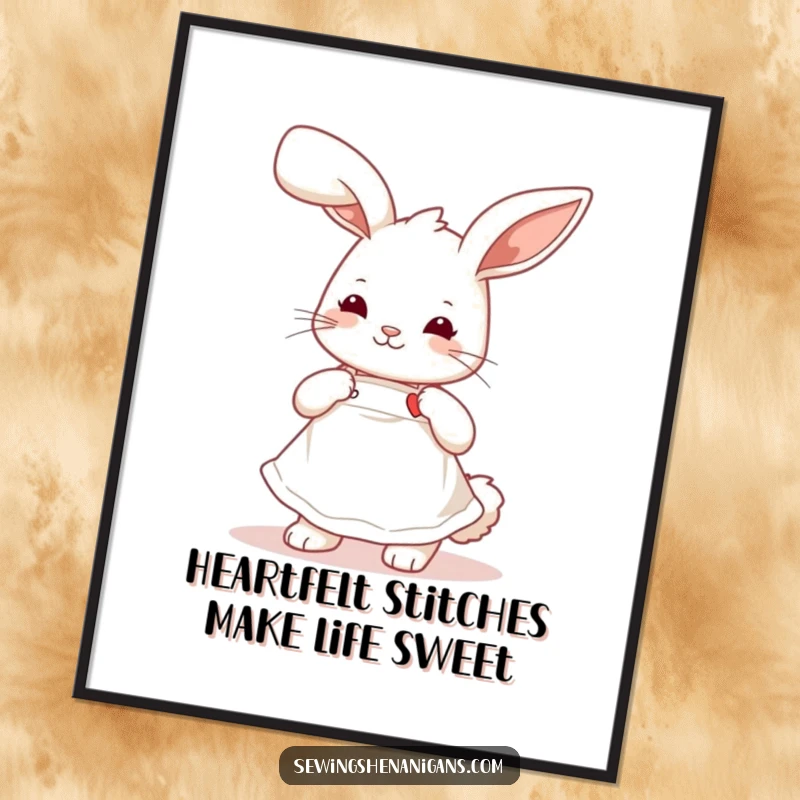 Funny Free Printable Wall Art: Playful bunny in a cute apron, sewing a tiny heart, delightful handmade decor.