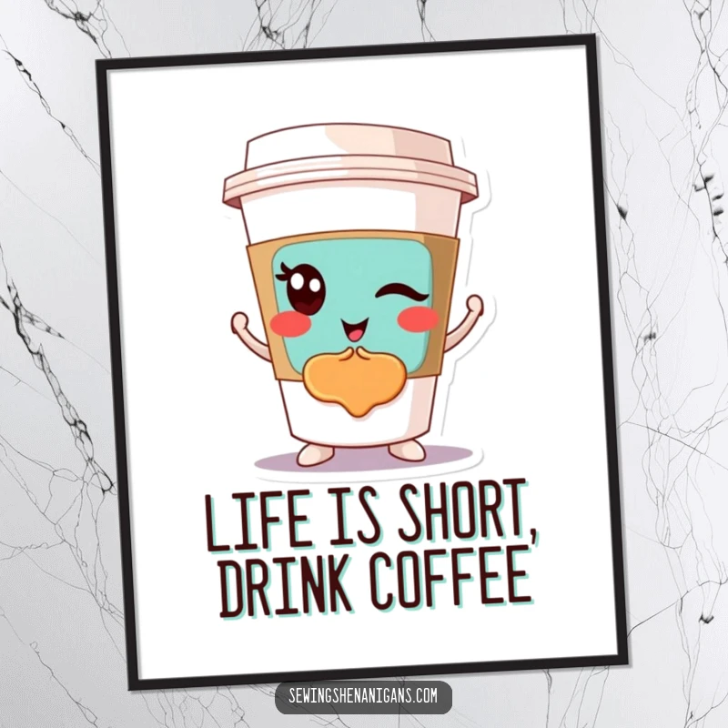 Funny Free Printable Coffee Cup Wall Art with a winking cup proudly displaying a colorful patch.
