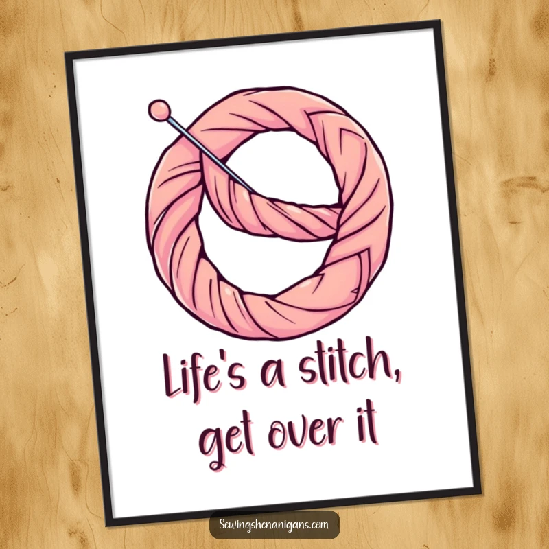 Funny Free Printable Wall Art: A determined thread twists a needle into a pretzel shape, a humorous piece for any room.
