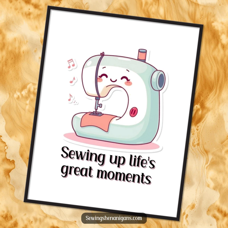 Funny Free Printable Wall Art: A playful sewing machine happily humming and stitching, creating a warm and creative atmosphere.