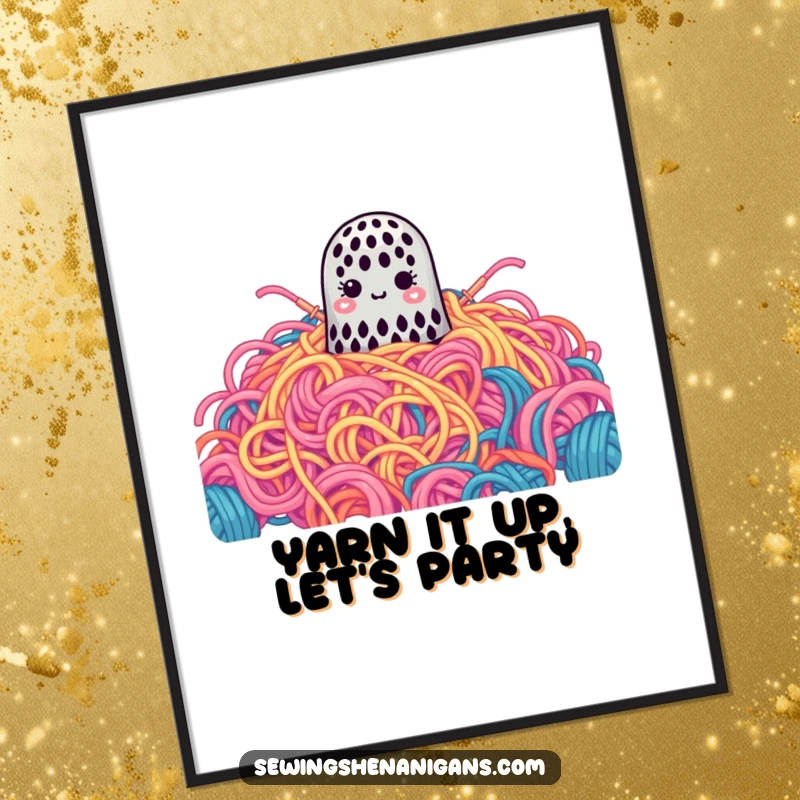 Funny Free Printable Wall Art: A tiny thimble is completely overwhelmed by a huge, colorful pile of yarn, creating a charming scene.