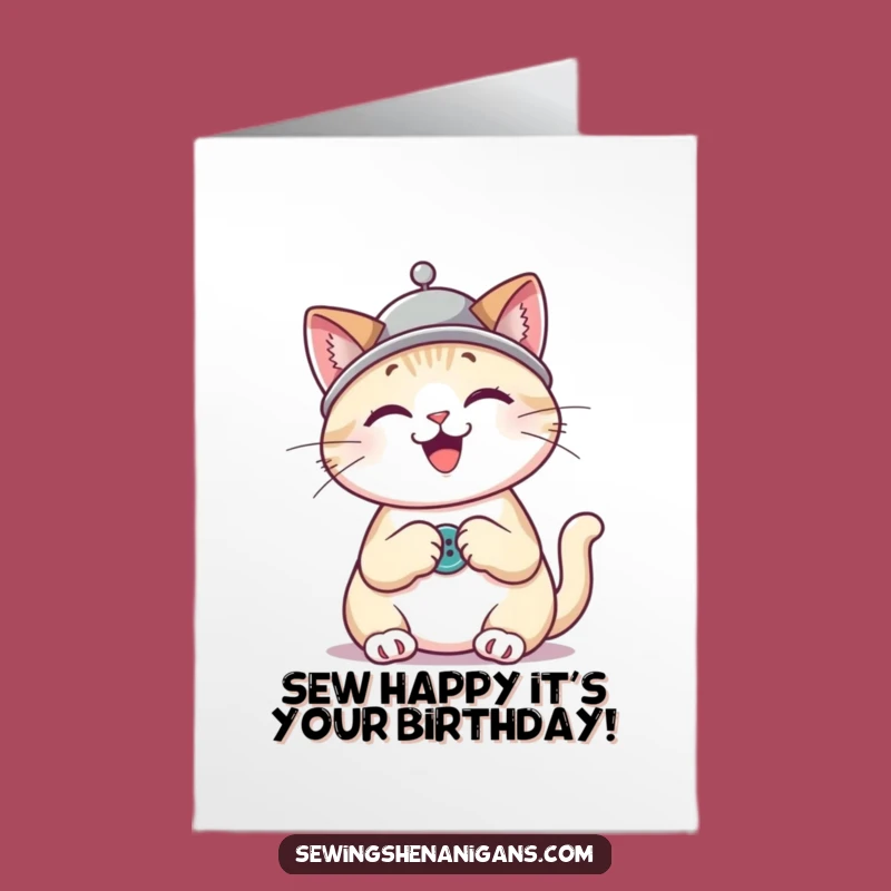 Free Printable Bday Card: Cat Sewing Button, Crafty & Funny Downloadable Gift