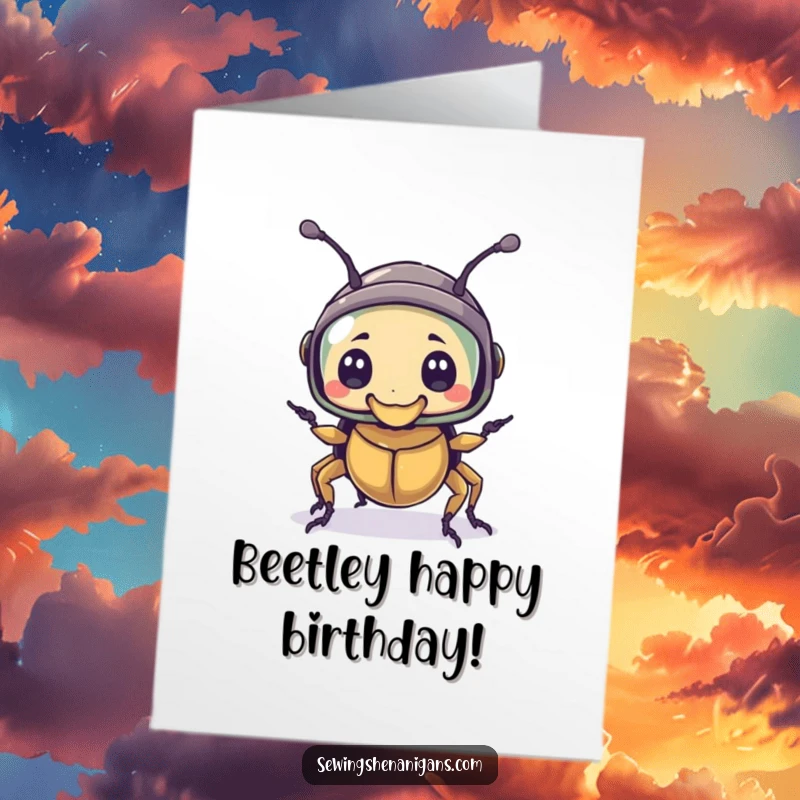 Funny Free Printable Birthday Card: A bewildered beetle wearing a thimble as a tiny helmet, ready for birthday adventures with this cute design.