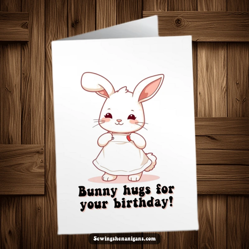 Funny Free Printable Birthday Card: Playful bunny in an apron, sweetly stitching a tiny heart with a needle.