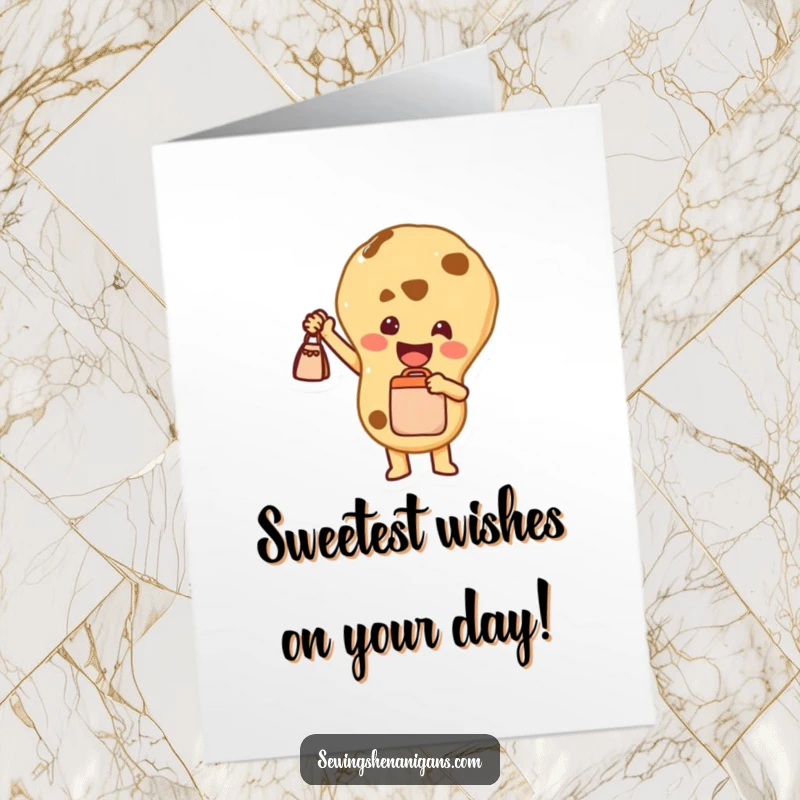 Funny Free Printable Birthday Card: A joyful Cookie character proudly holding up a tiny bag, offering a sweet gift.