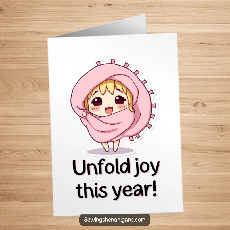 Funny Free Printable Birthday Card: a curious fabric swatch character excitedly unfurling, revealing colorful patterns and joy.