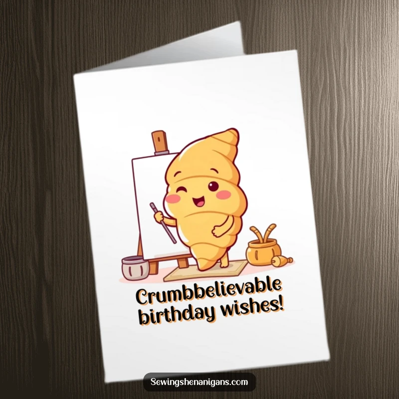 Funny Free Printable Birthday Card: Cheerful croissant character gleefully trying a wacky new pattern design.